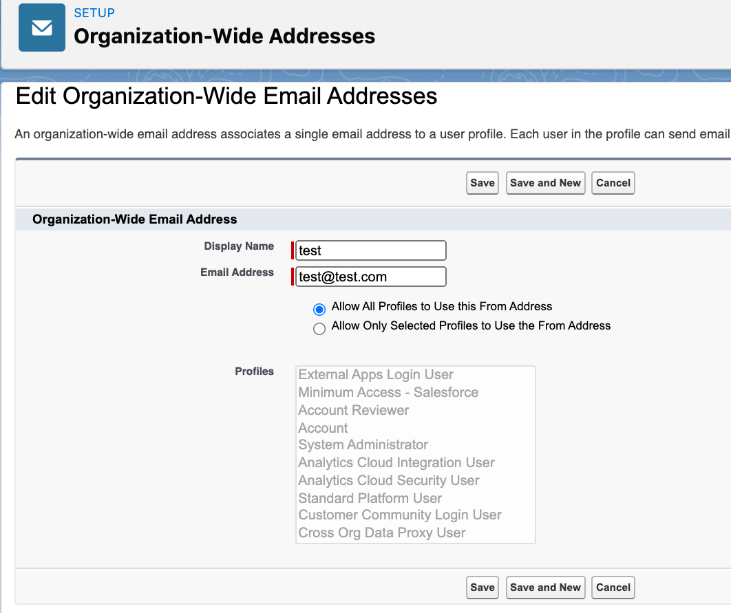 enter details for orgwide email address in salesforce
